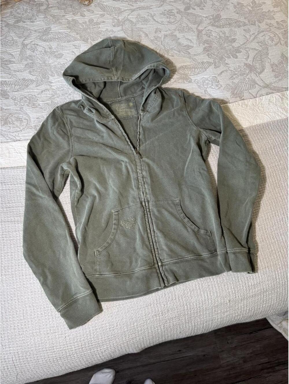 y2k green distressed zip up jacket with hood, embroidered hearts